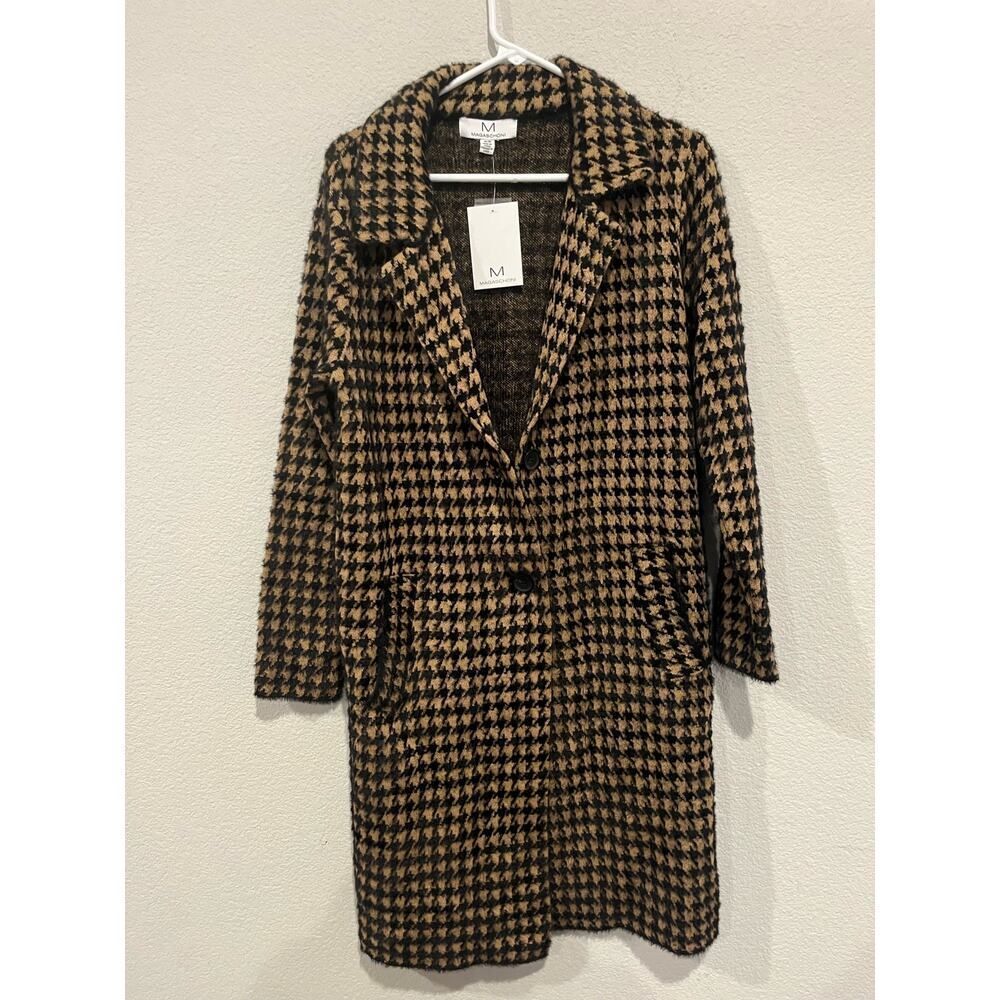 Women's Magaschoni Size Medium Plaid Button Front Trench Coat Multicolor‎ NWT